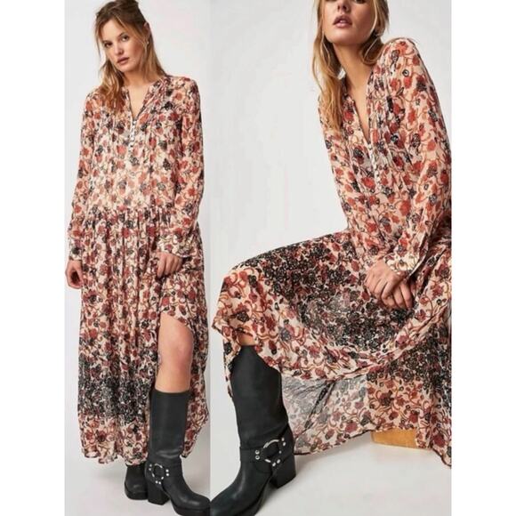 Free People Dresses & Skirts - Free People Bohemian Billowy Floral See It Through Maxi Dress Tea Combo Large
